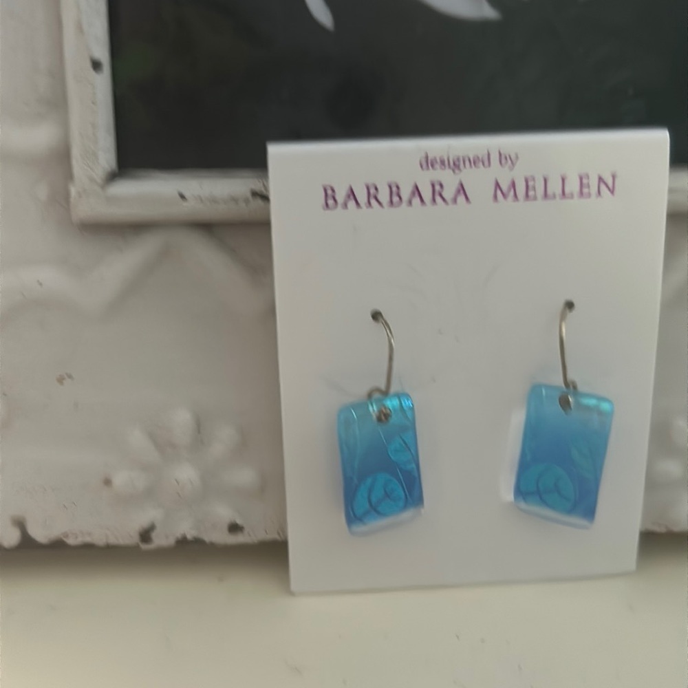 Barbara Mellen drop sea glass blue earrings.